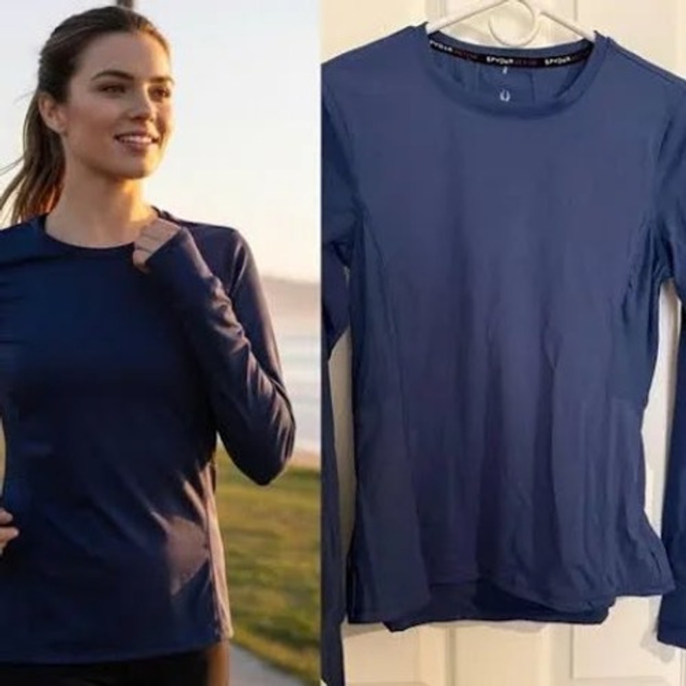 Spyder Active Womens XXL Blue Long Sleeve Training Top Thumbholes Zipper Pockets